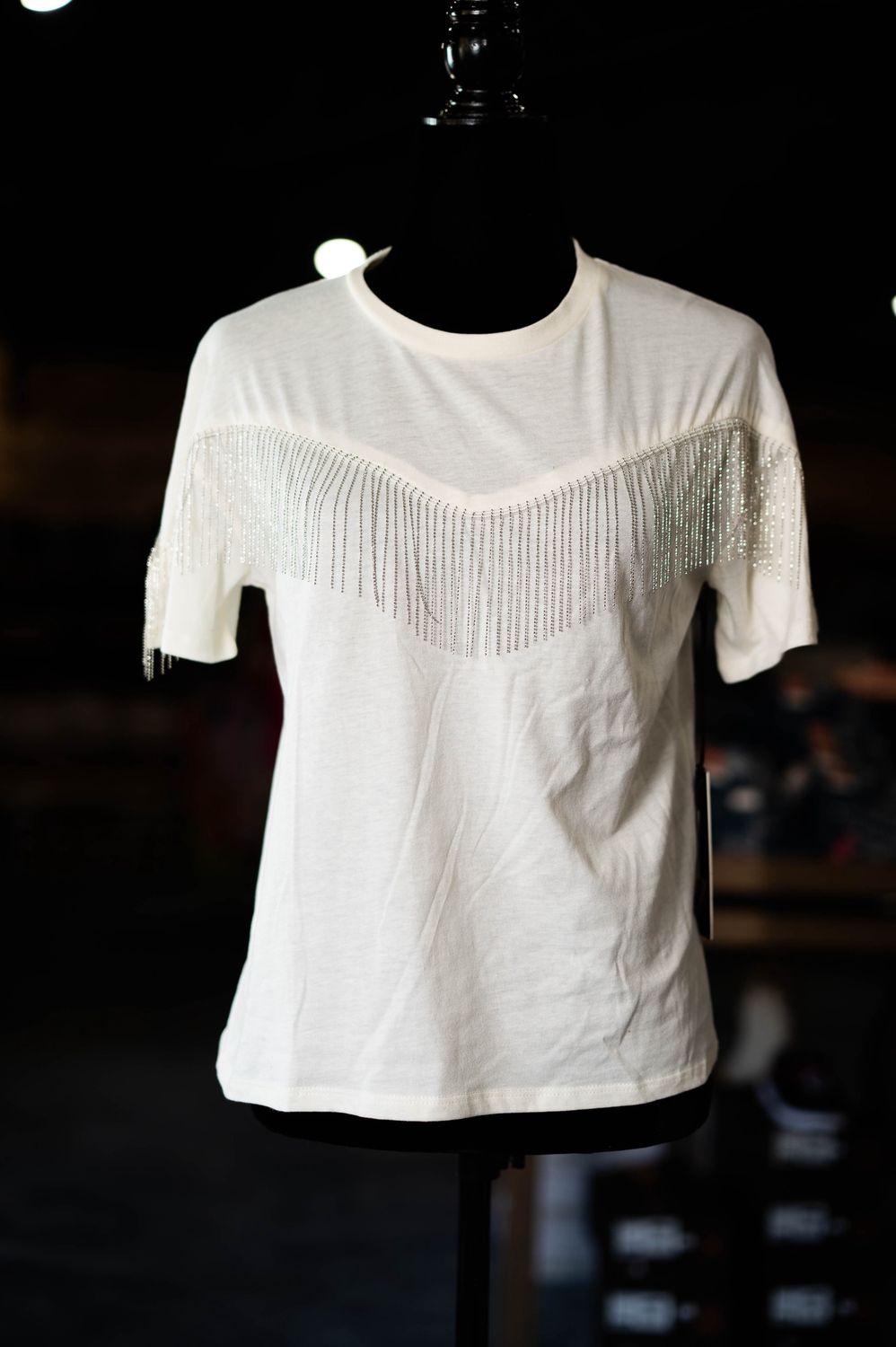 Womens White Rock &amp; Roll Silver Fringe Tee