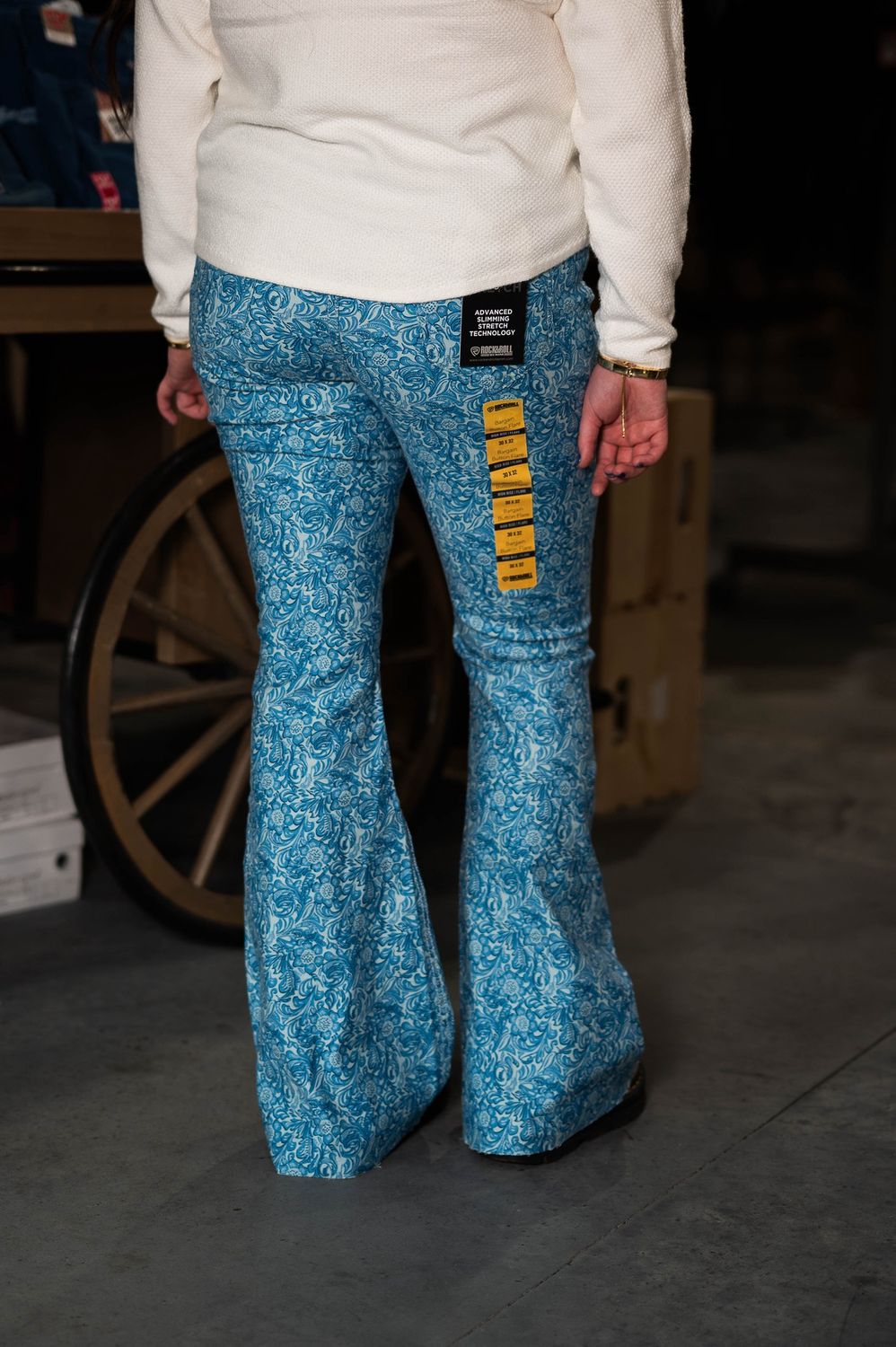 women’s rock&amp;roll reversible tooled button flare jeans