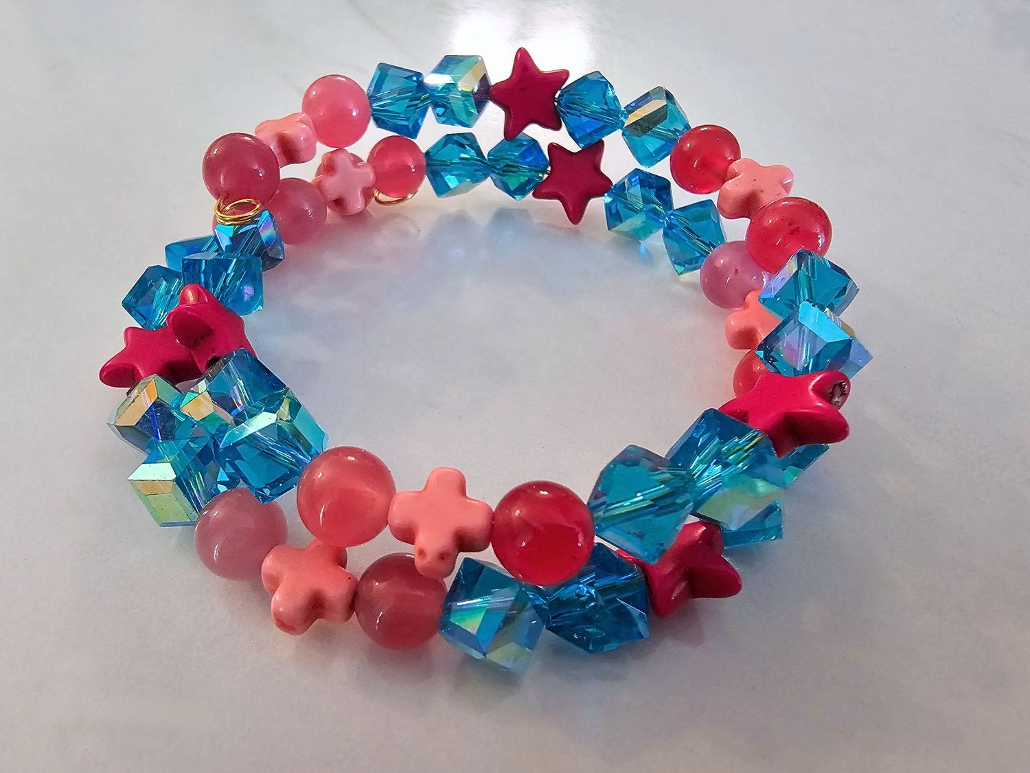 Pink and Blue stones and crystals on memory wire