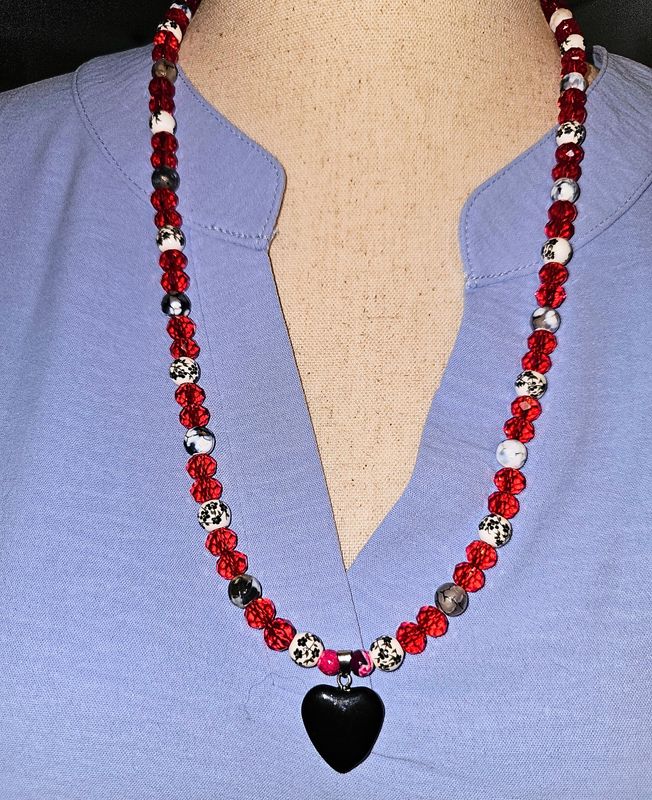 Red Crystal and Porcelain Necklace with heart charm