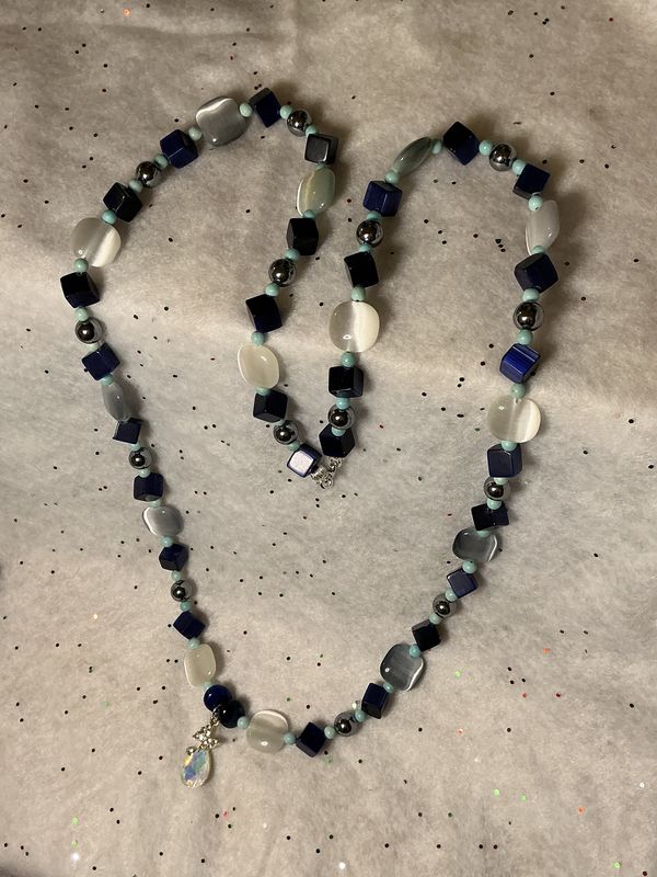White Cat Eye with blue Cubes and Hertz Beads