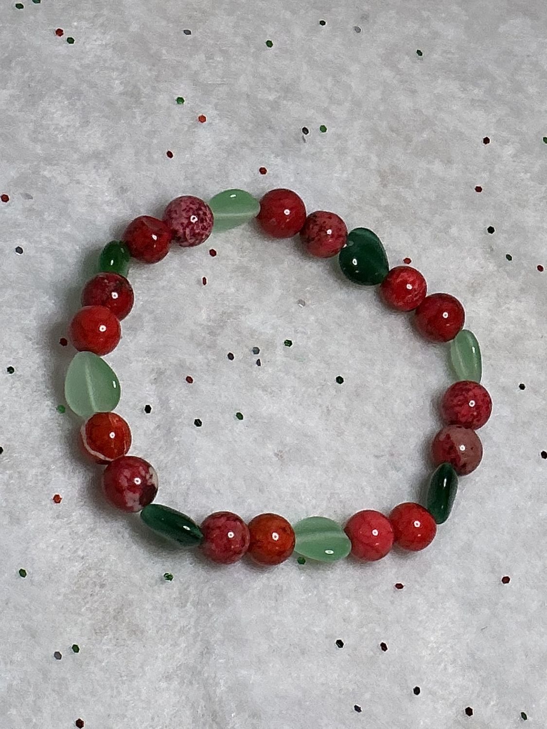 Red turquoise with light and dark green cat eyes bracelet