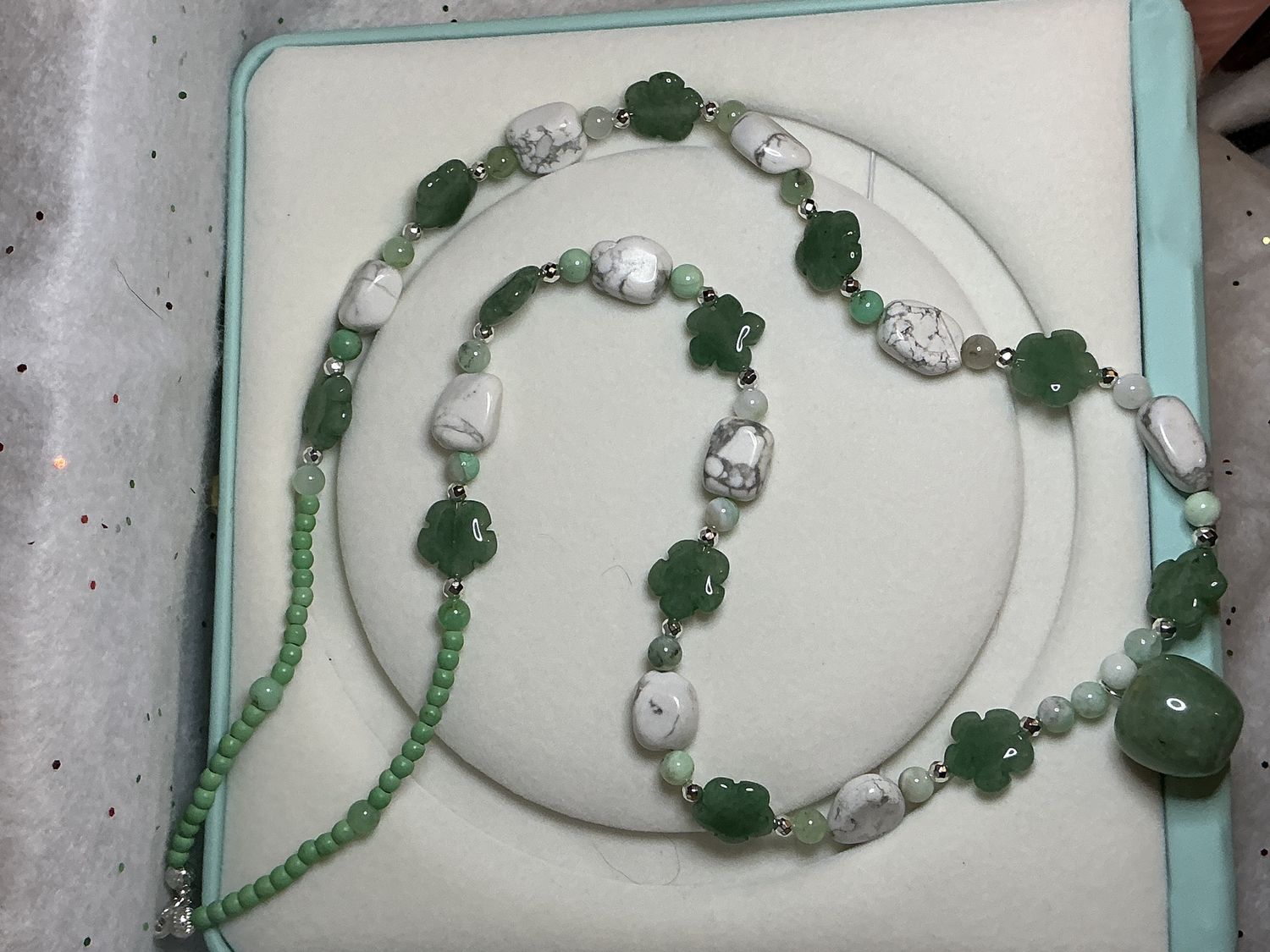 Emerald Green clovers, howlite nuggets and turquoise beads