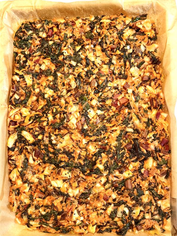 Whole-grain pastry: kimchi-style market vegetables, Michigan wild rice, spicy miso sauce