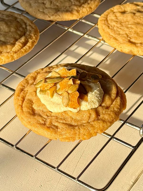 Cookie special: whole-grain sugar cookie, maple squash frosting, pepita brittle