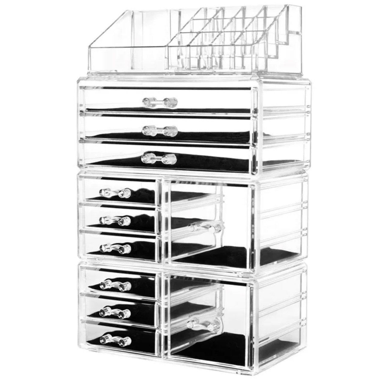 Banvikon Acrylic 4 Pack Makeup Organizer with 11 Drawers, Clear, Stackable Cosmetic Organizer For Lipstick, Jewelry and Makeup Brushes, Beauty Storage With Drawers For Dresser And Bathroom.