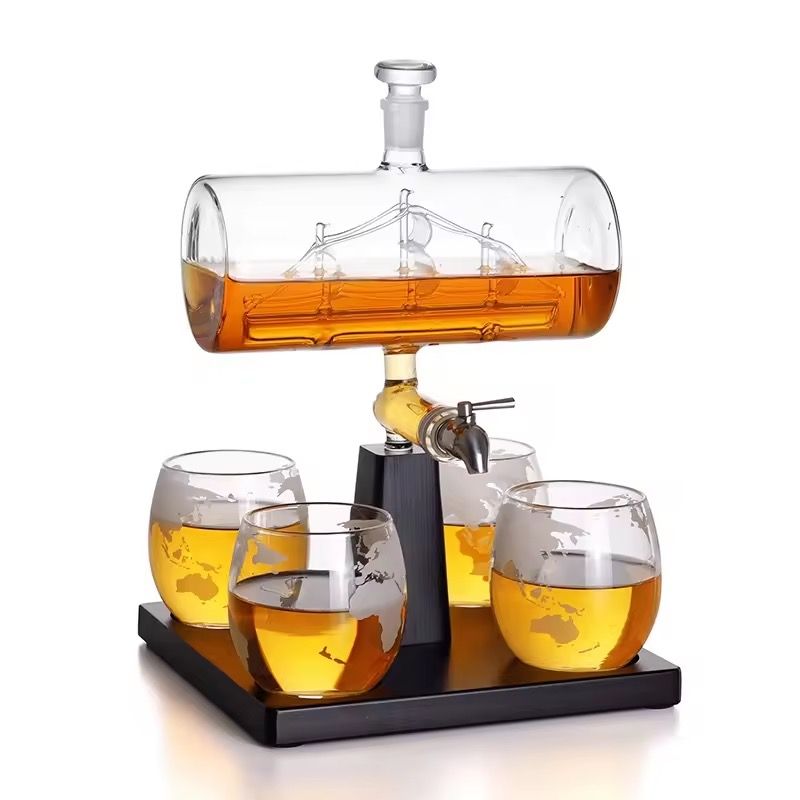 Banvikon BOAT Whisky Decanter Set -Luxury Ship-Inspired Decanter With 4 Glasses &amp; Wood Stand, Perfect For Whisky, Bourbon, or Scotch.
