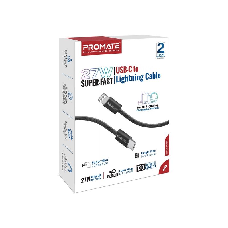Promate 27W USB-C to Lightning Cable - 1.2m Promate 27W USB-C to Lightning Cable - 1.2m