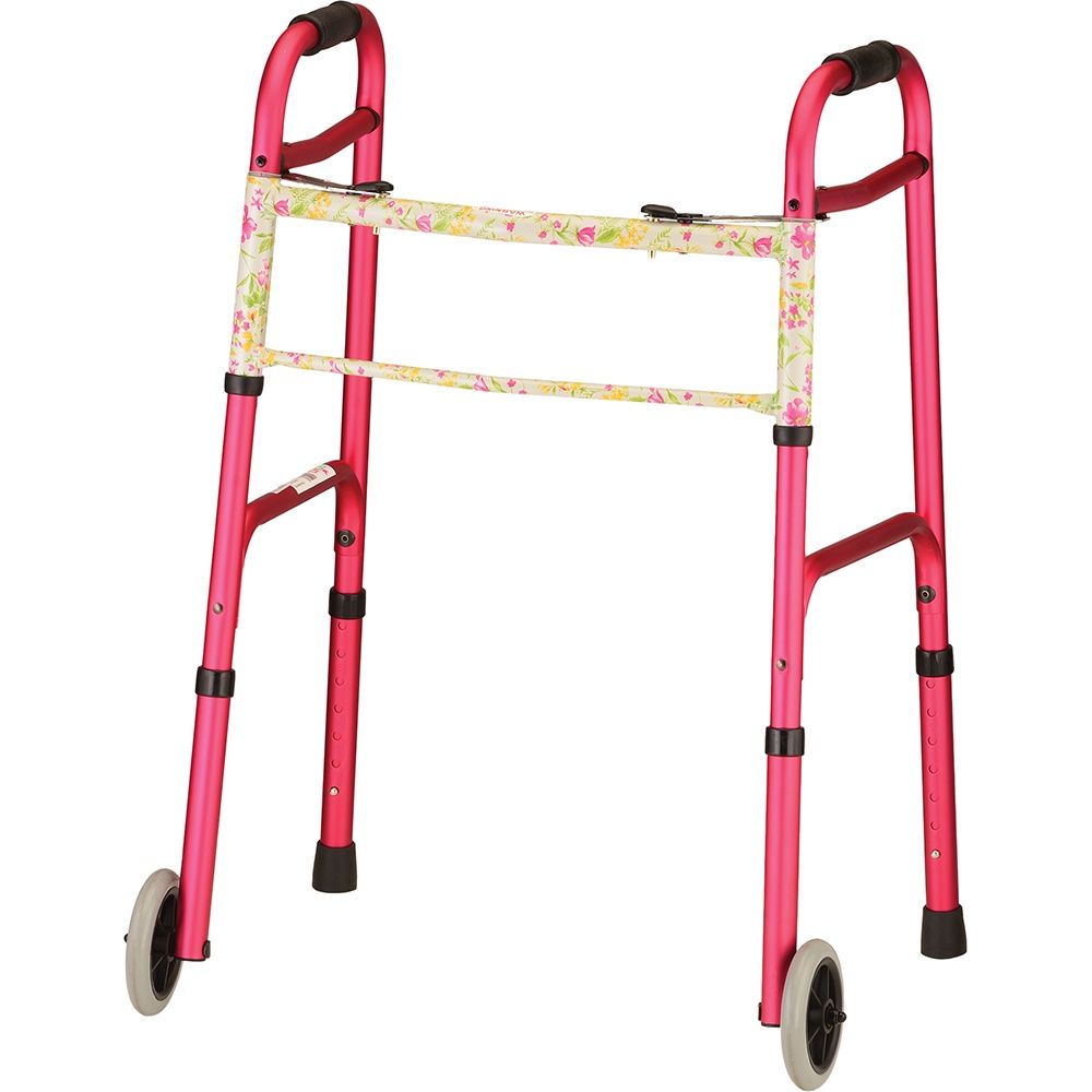 Folding Walker w/ 5" Wheels - Pink with Floral Print