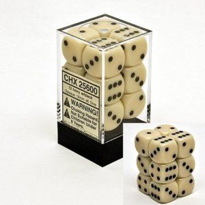 12d6 Dice Block (16mm): Opaque (Assorted Colours), Color: Ivory w/ Black