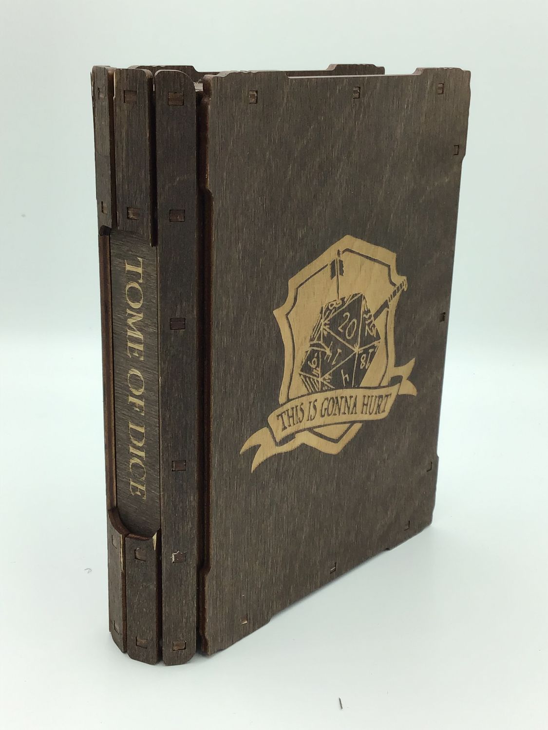 Wooden 14-piece Tome of Dice, Color: Brown, Image: This is Gonna Hurt!