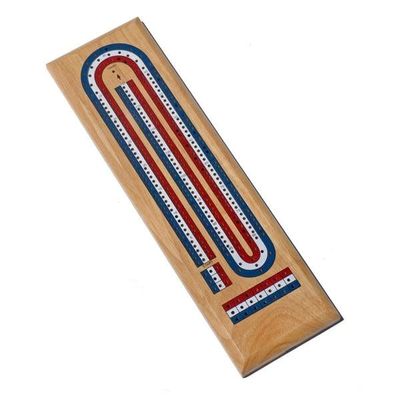Classic Cribbage Set - Solid Wood Tricolor (Red, White, Blue) Continuous 3 Track Board with Metal Pegs
