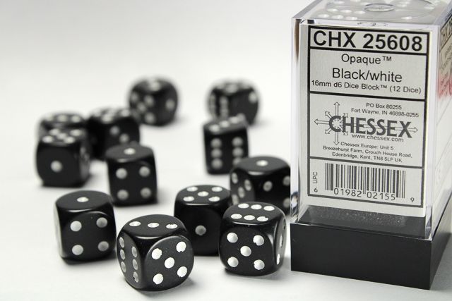 12d6 Dice Block (16mm): Opaque White Pipped (Assorted Colours)
