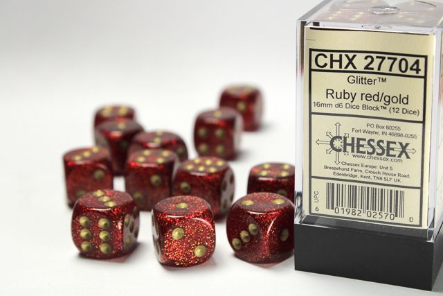 12d6 Dice Block (16mm): Glitter (Assorted Colours) Ruby w/ Gold