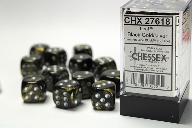 12d6 Dice Block (16mm): Leaf (Assorted Colours) Black-Gold w/ Silver