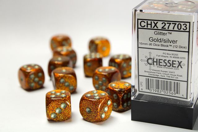 12d6 Dice Block (16mm): Glitter (Assorted Colours) Gold w/ Silver