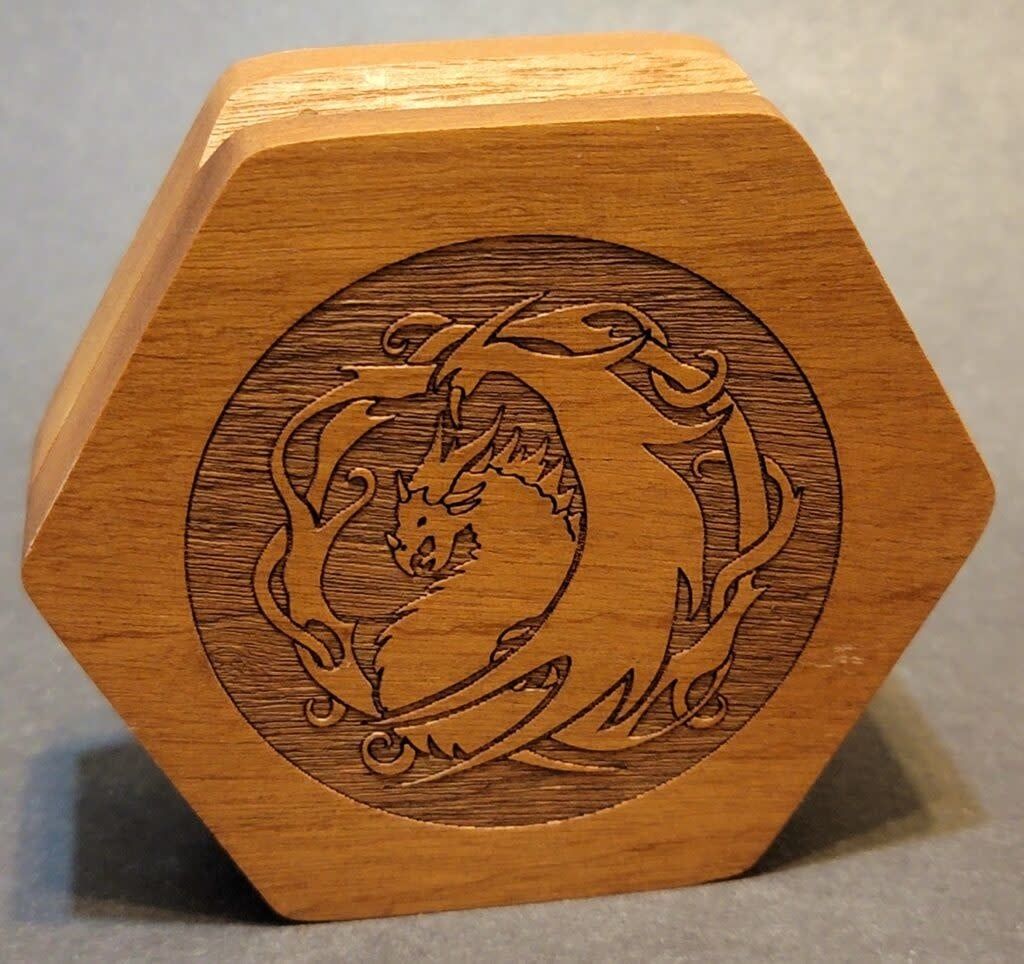 Hexagonal Dark Wood Dice Box - Wyrm Print