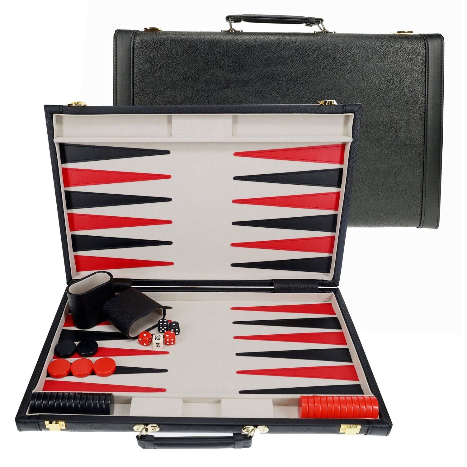 Backgammon Set 18&quot; Black Leatherette with Grey Stripe