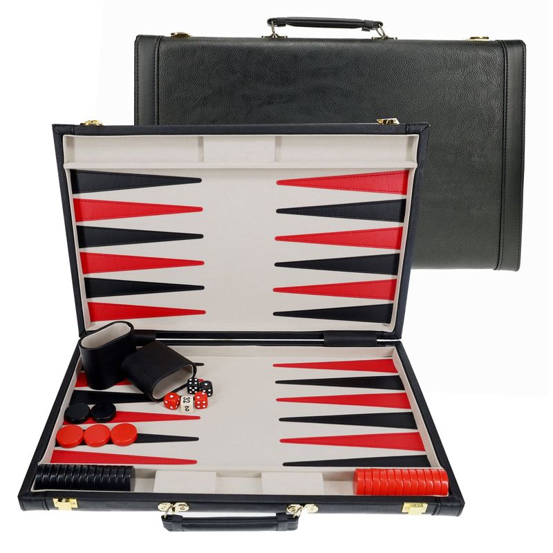 Backgammon Set 18&quot; Black Leatherette with Grey Stripe