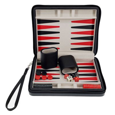 Backgammon Set 9&quot; Black Leatherette with Grey Stripe