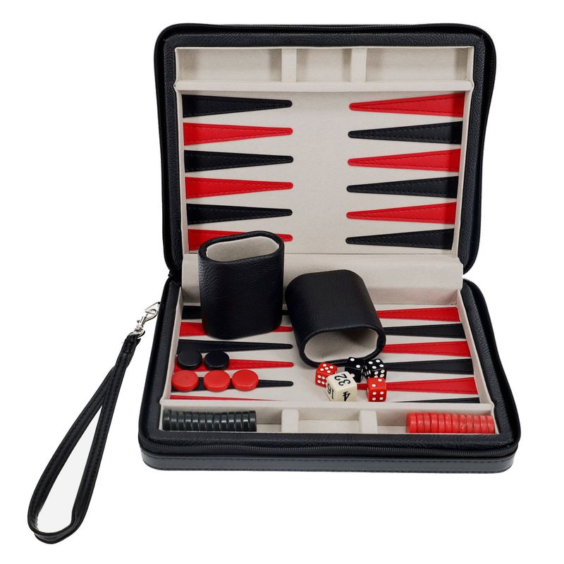 Backgammon Set 9&quot; Black Leatherette with Grey Stripe