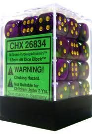36d6 Dice Block (12mm): Gemini (Assorted Colours) Green-Purple w/ Gold