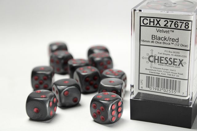 12d6 Dice Block (16mm): Velvet (Assorted Colours) Black w/ Red
