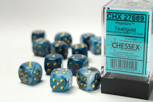 12d6 Dice Block (16mm): Phantom (Assorted Colours) Teal w/ Gold