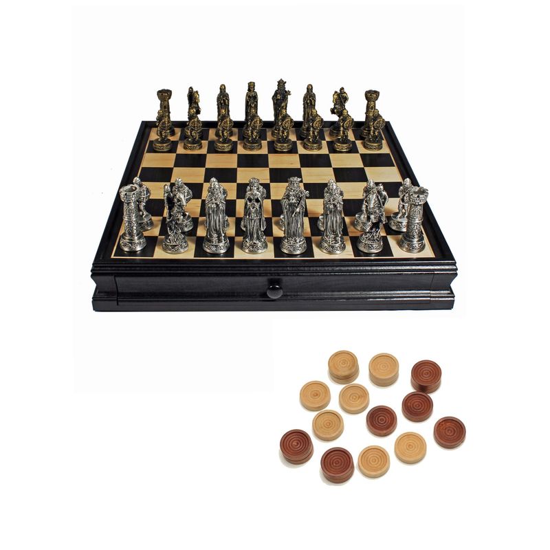 Chess &amp; Checkers Set 15&quot; – Medieval Pewter Chessmen &amp; Black Stained Wood Board with Storage Drawers