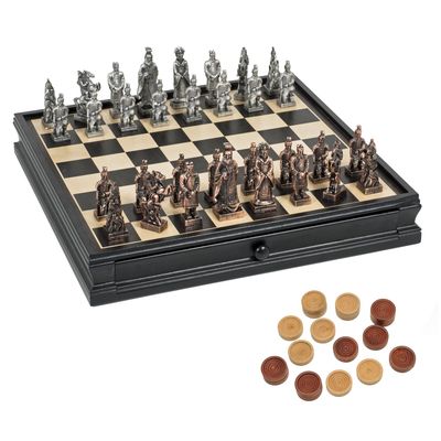 Chess &amp; Checkers Set 15" – Chinese Qin Pewter Chessmen, Black Stained Wood Board with Storage