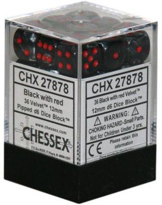 36d6 Dice Block (12mm): Velvet (Assorted Colours) Black w/ Red