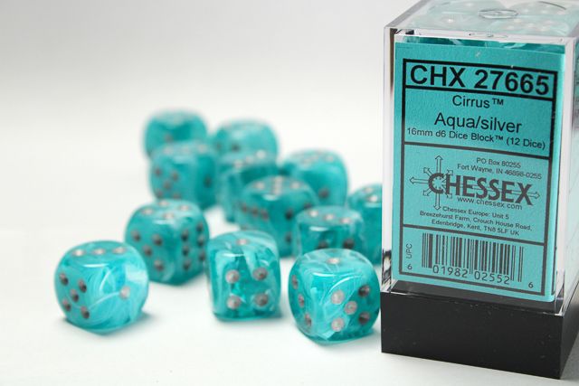 12d6 Dice Block (16mm): Cirrus (Assorted Colours) Aqua w/ Silver