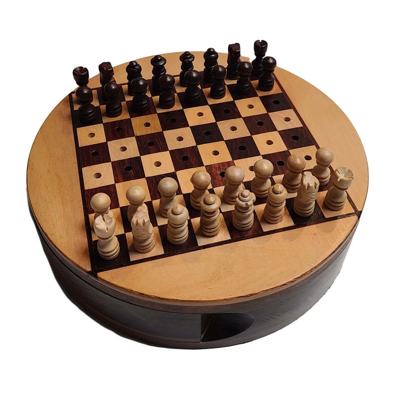 Round Wooden Travel Chess Set with Pegged Chessmen – 6&quot;