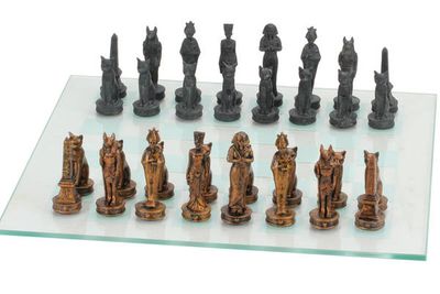Chess Set -  Egyptian Bronze and Black with Glass Board