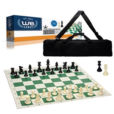 Chess Set – Tournament with Plastic Pieces and Green Roll-up Board and Travel Canvas Bag