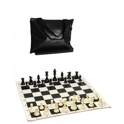 Chess Set – Tournament with Plastic Pieces and Black Roll-up Board and Travel Black Tote