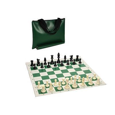 Chess Set – Tournament with Plastic Pieces and Green Roll-up Board and Travel Green Tote