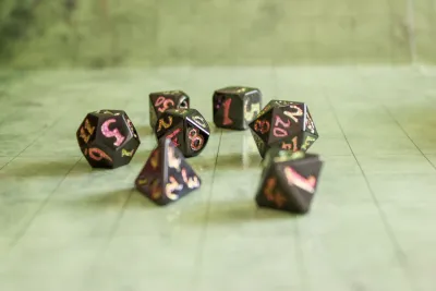 7-Piece Metal RPG Dice Set: Black with Pink Glitter