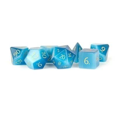 7-Piece RPG Gemstone Dice Set: Engraved Cat's Eye Aquamarine