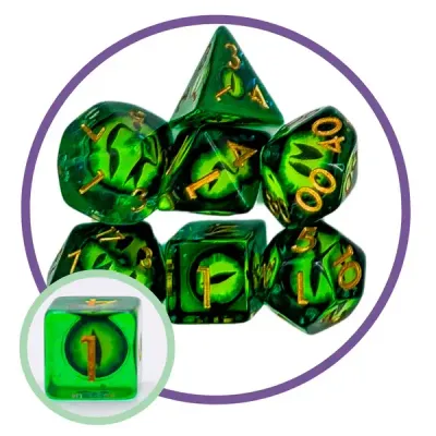 7-Piece RPG Dice Set: Mystery Dice Goblin - Green Snake Eyes