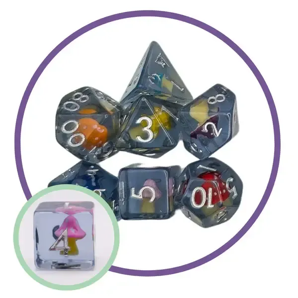 7-Piece RPG Dice Set: Mystery Dice Goblin - Colourful Mushrooms