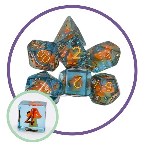 7-Piece RPG Dice Set: Mystery Dice Goblin - Orange Mushrooms