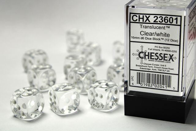 12d6 Dice Block (16mm): Translucent (Assorted Colours), Color: Clear w/ White