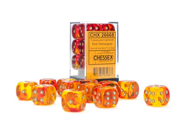 12d6 Dice Block (16mm): Gemini Translucent (Assorted Colours), Color: Red-Yellow w/ Gold