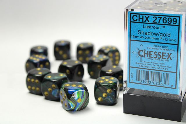 12d6 Dice Block (16mm): Lustrous (Assorted Colours), Color: Shadow w/ Gold