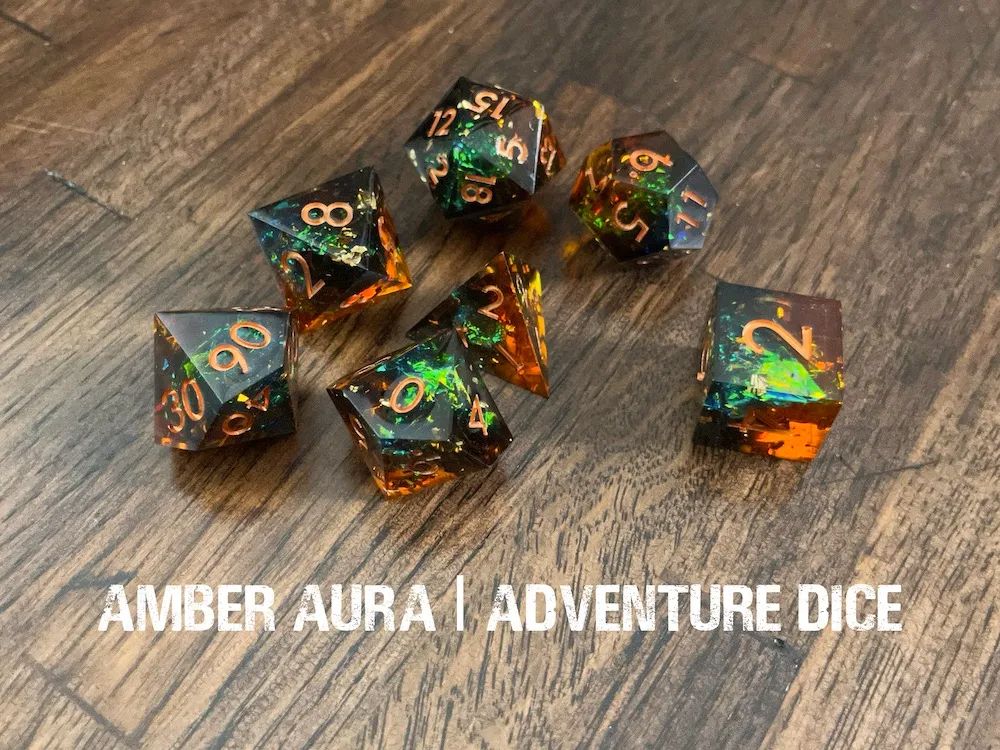 7-Piece RPG Premium Sharp Edge Resin Dice Set, Name: Amber Aura
