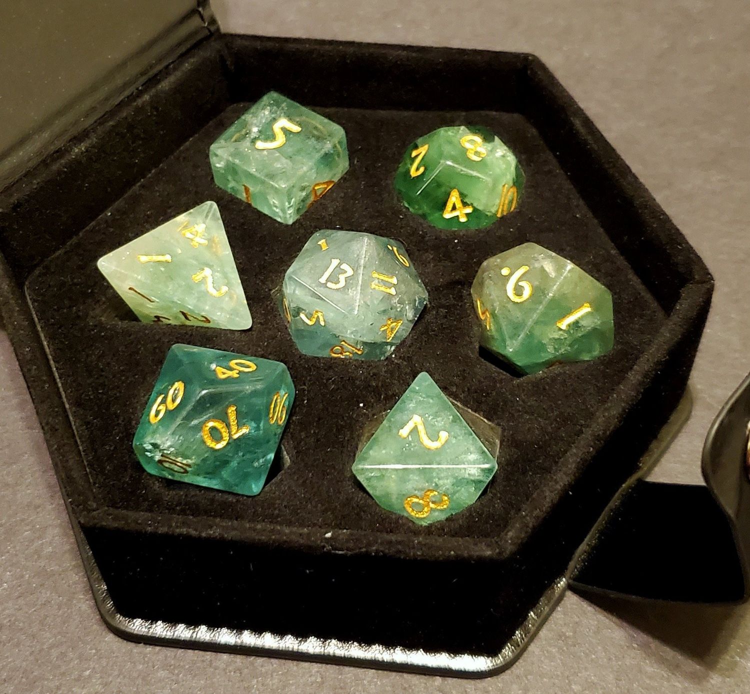7-Piece RPG Gemstone Dice Set:, Name: Fluorite - Green Fire