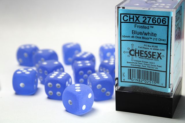 12d6 Dice Block (16mm): Frosted (Assorted Colours), Color: Blue w/ White