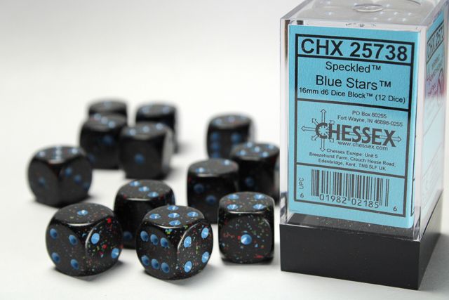 12d6 Dice Block (16mm): Speckled (Assorted Colours), Color: Blue Stars