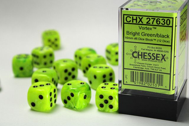 12d6 Dice Block (16mm): Vortex (Assorted Colours), Color: Bright Green w/ Black